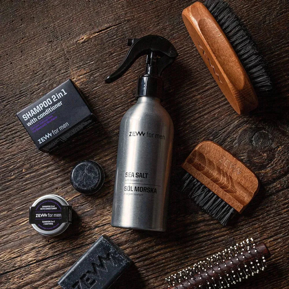 Zeezout spray met lijnzaadolie voor haarstyling.
