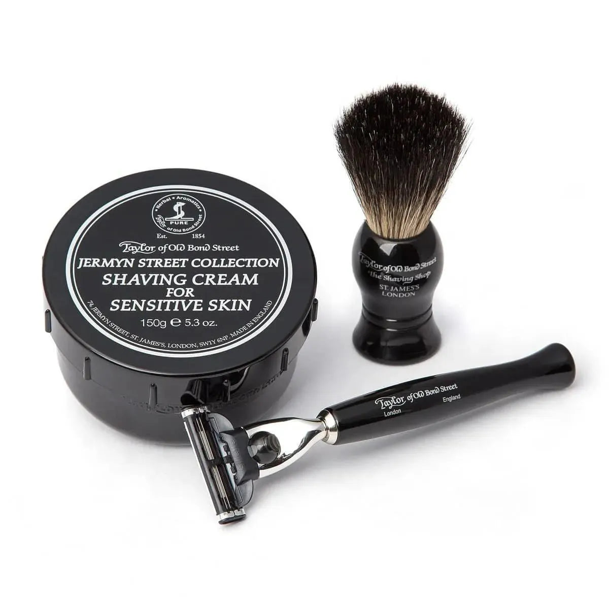 Taylor of Old Bond Street Pure Badger Scheerkwas, Scheermes & Shavingcream 150g Jermyn Street Collection - Baard en Co - Scheerkit -